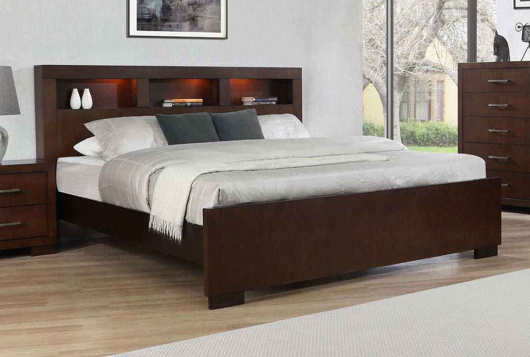 Jessica California King, E.king, &amp; Queen Bed with Storage Headboard Cappuccino