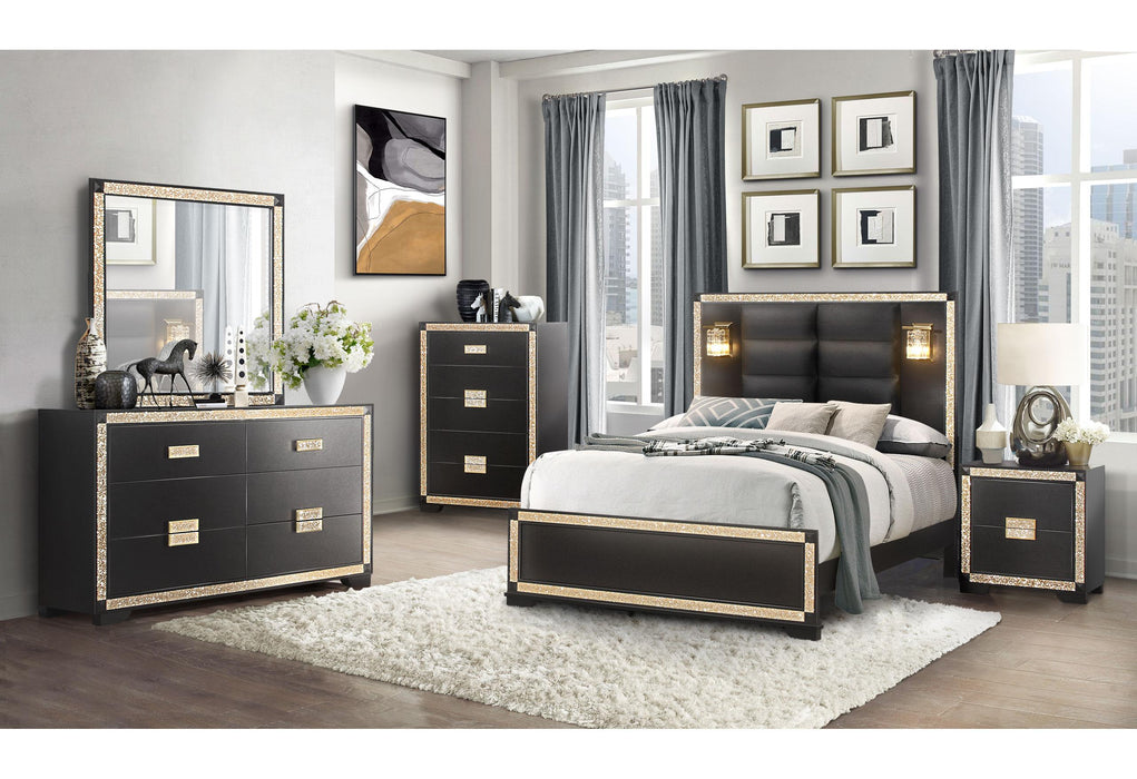 BLAKE BLACK/GOLD QUEEN BED WITH LAMPS, DRESSER, MIRROR, NIGHTSTAND