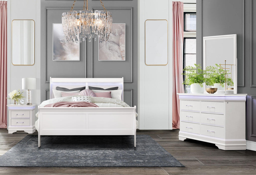 CHARLIE WHITE KING BED WITH LED, DRESSER, MIRROR AND NIGHTSTAND