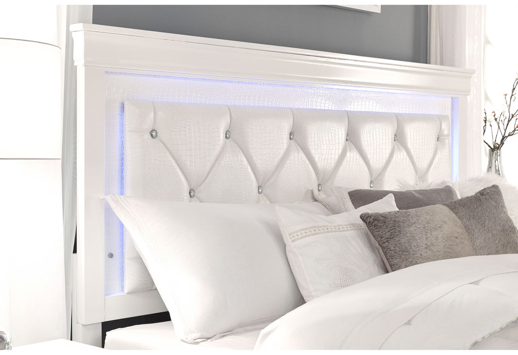 POMPEI METALLIC WHITE QUEEN BED, DRESSER, MIRROR AND 2 NIGHTSTANDS