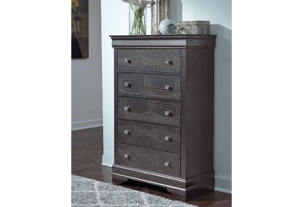 POMPEI METALLIC GREY QUEEN BED, DRESSER, MIRROR AND 2 NIGHTSTANDS