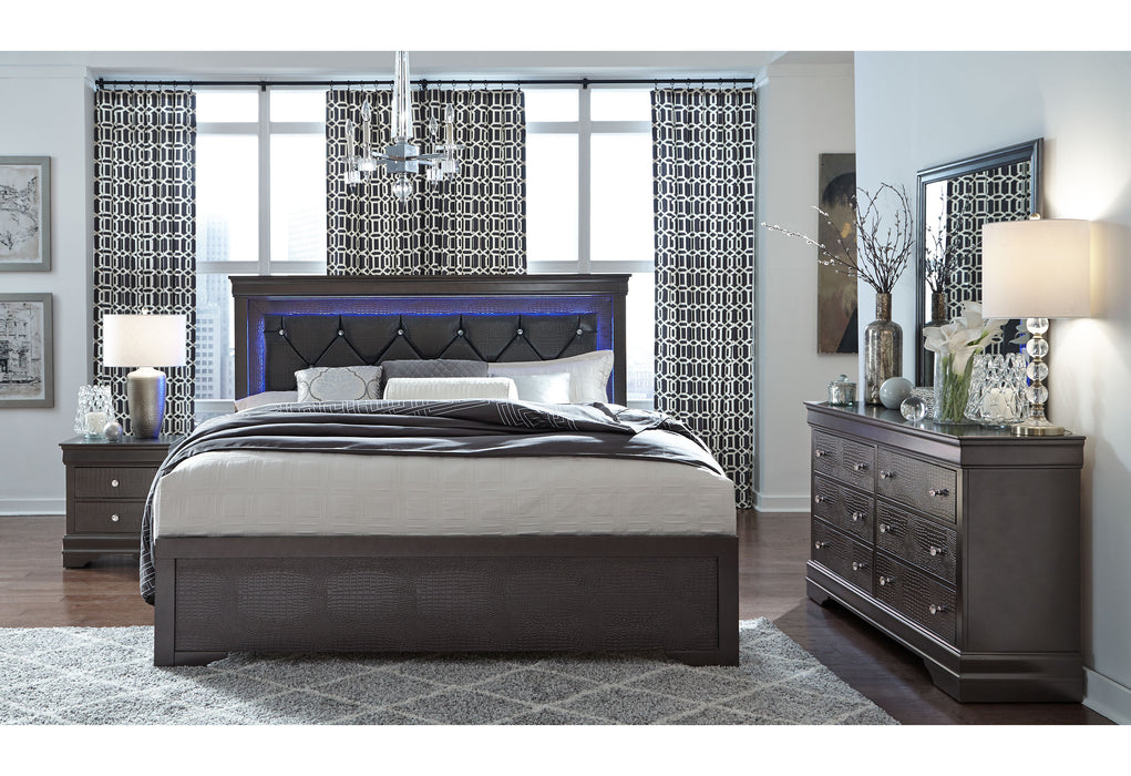 POMPEI METALLIC GREY KING BED WITH LED, DRESSER, MIRROR AND NIGHTSTAND