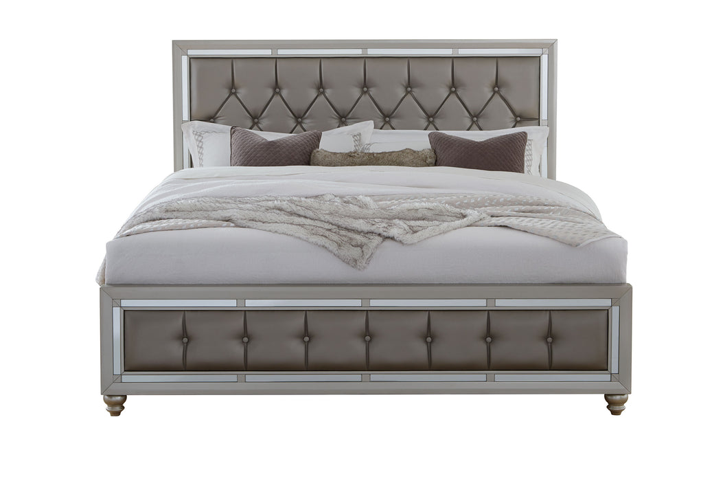 RILEY SILVER KING BED, DRESSER, MIRROR, 2 NIGHTSTANDS AND CHEST