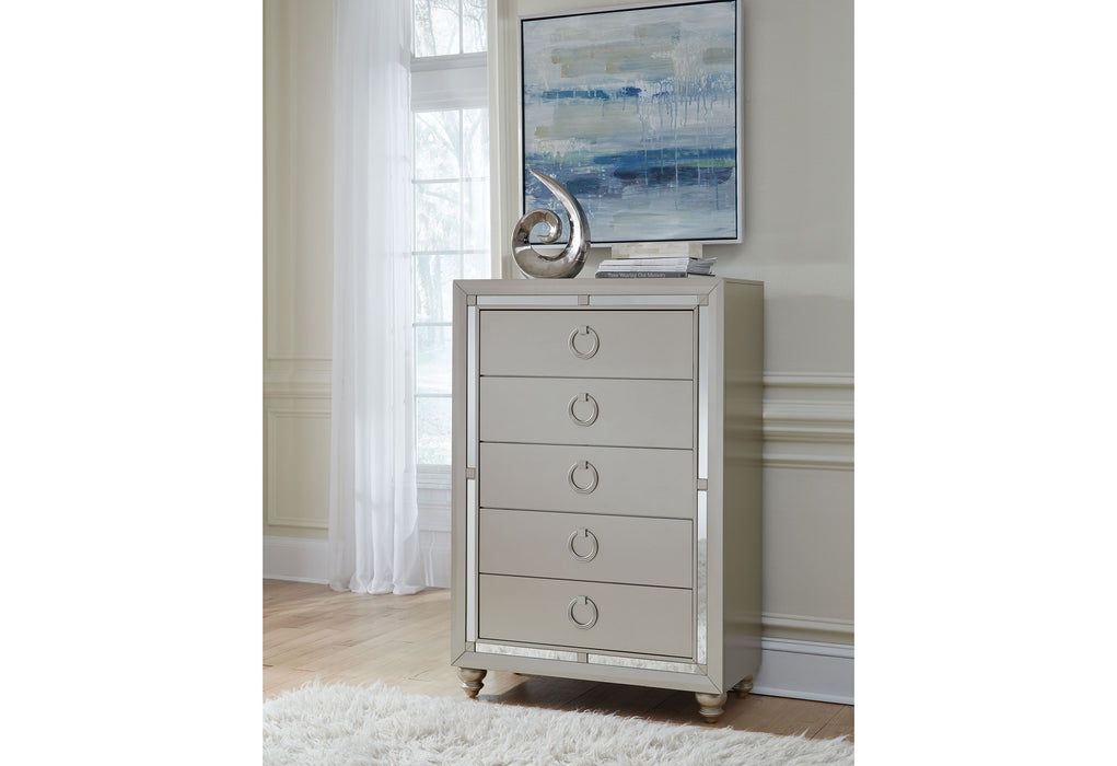 RILEY SILVER KING BED, DRESSER, MIRROR, 2 NIGHTSTANDS AND CHEST
