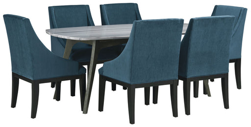 Palliser Furniture Mix and Match Benedict Table with Grey Marble Top and 6 Diana Wing Chair Dining Set in Dark Teal 119-153K74 image