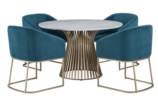 Pallister Furniture Mix and Match Naomi Round Dining Table with Gold Base and 4 Scarlett Chairs Dining Set in Dark Teal Velvet 119-156GM58 image